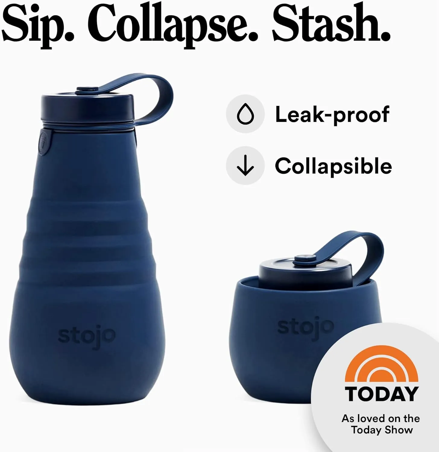 STOJO Collapsible Water Bottle  Denim Blue, 20oz / 592ml - Leak-Proof Reusable Silicone Travel Cup for Hot & Cold Drinks - Microwave & Dishwasher Safe
