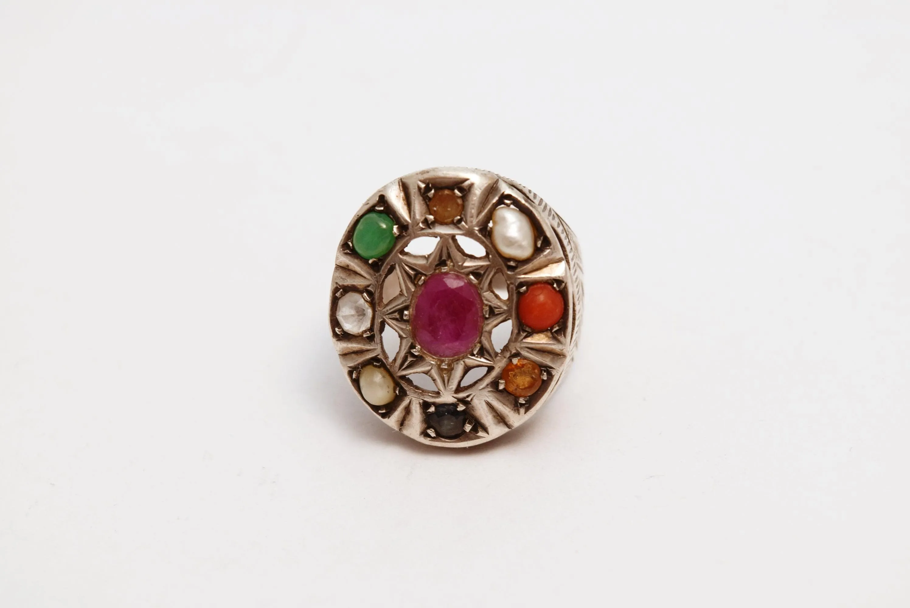 Vintage Middle East Multi Gem Silver Ring