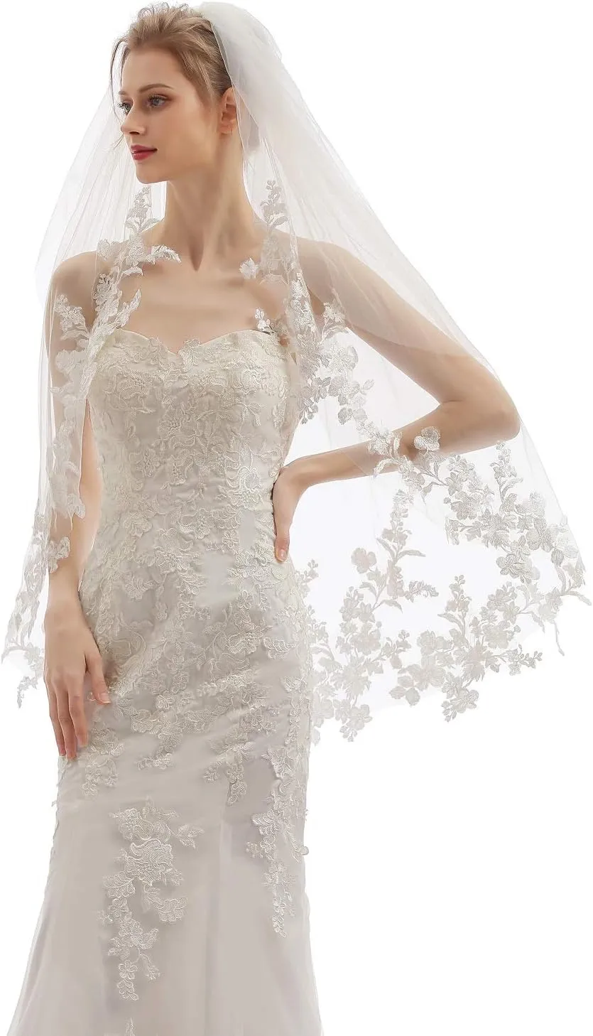 Womens 2 Tier Fingertip Length Short Lace Wedding Bridal Veil With Comb X07