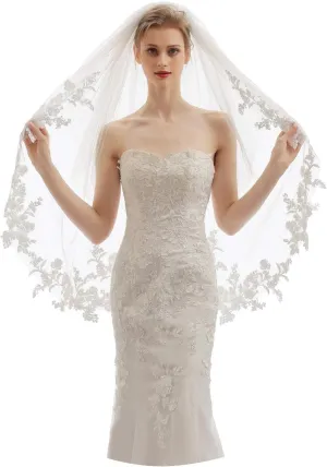 Womens 2 Tier Fingertip Length Short Lace Wedding Bridal Veil With Comb X07