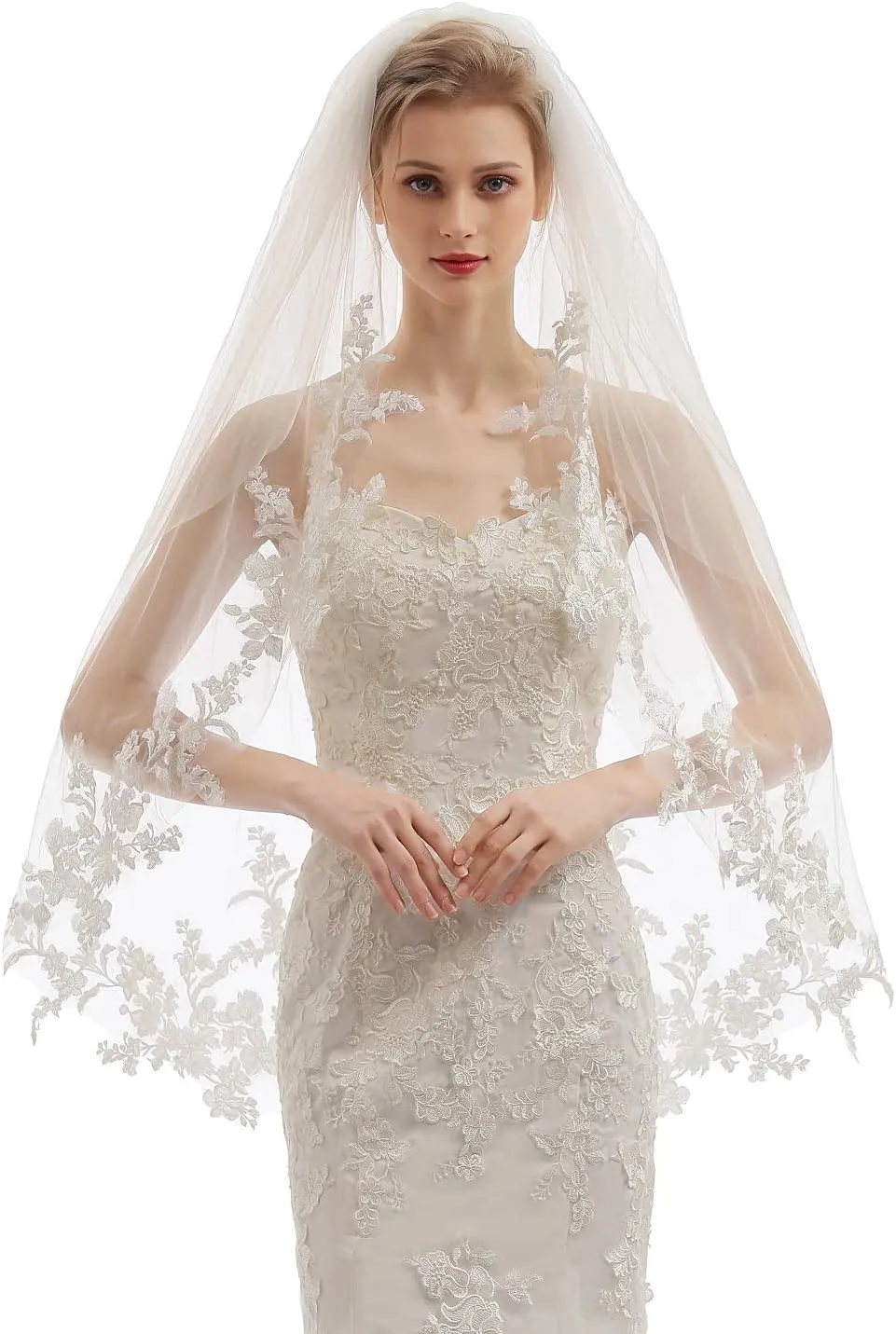 Womens 2 Tier Fingertip Length Short Lace Wedding Bridal Veil With Comb X07