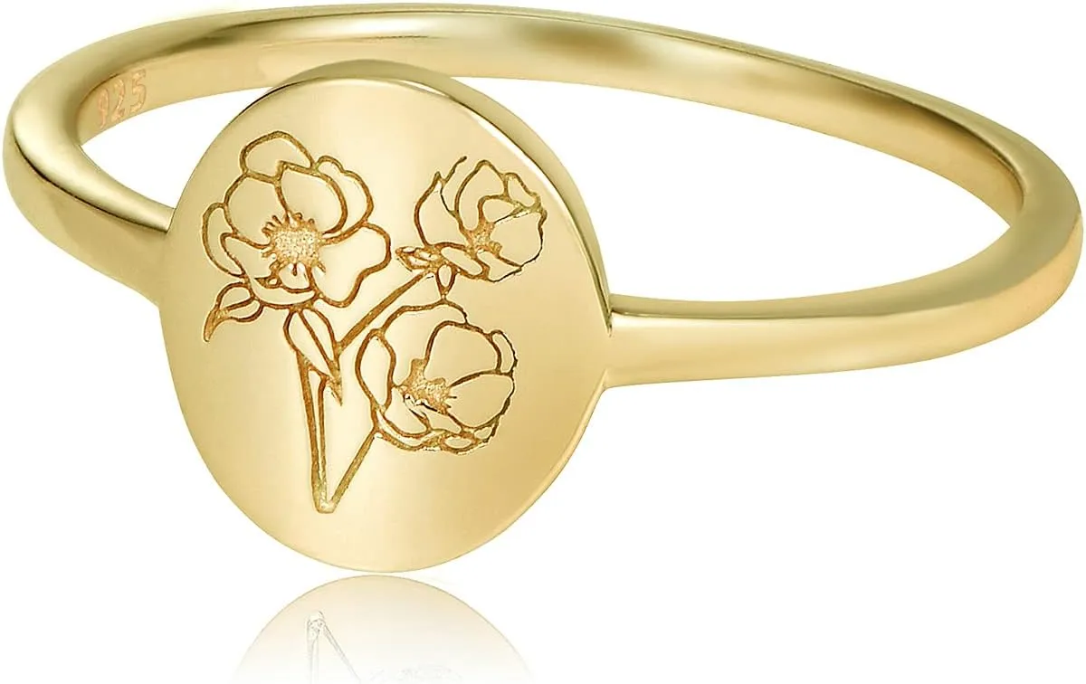 YeGieonr Handmade Flower Signet Ring,18K Gold Ring for Women, Minimalistic Statement Ring with Botanical Engraved Delicate Personalized Jewelry Gift for Women