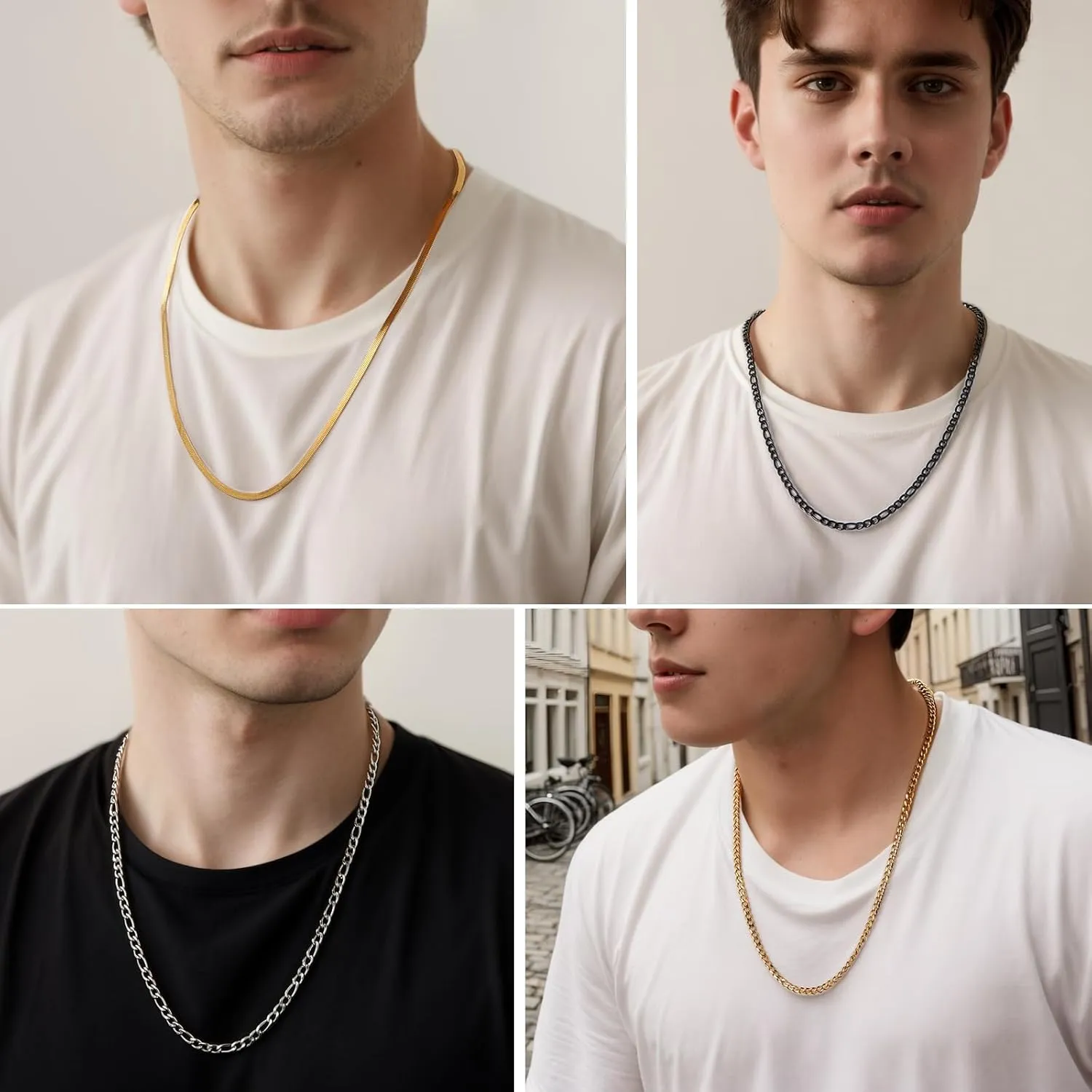 Zocomi 3 PCS Chain Necklace for Men Women, Stainless Steel Cuban Link/Figaro/Herringbone Chains Set Jewelry Gifts, 16/18/20/22/24 Inches