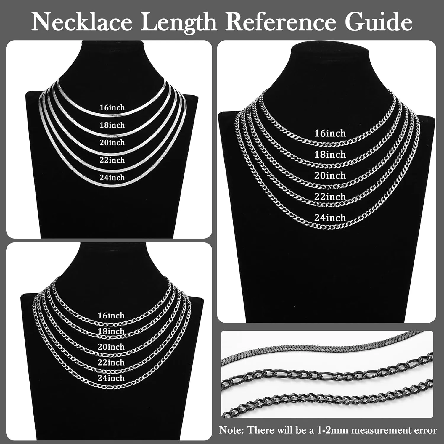 Zocomi 3 PCS Chain Necklace for Men Women, Stainless Steel Cuban Link/Figaro/Herringbone Chains Set Jewelry Gifts, 16/18/20/22/24 Inches