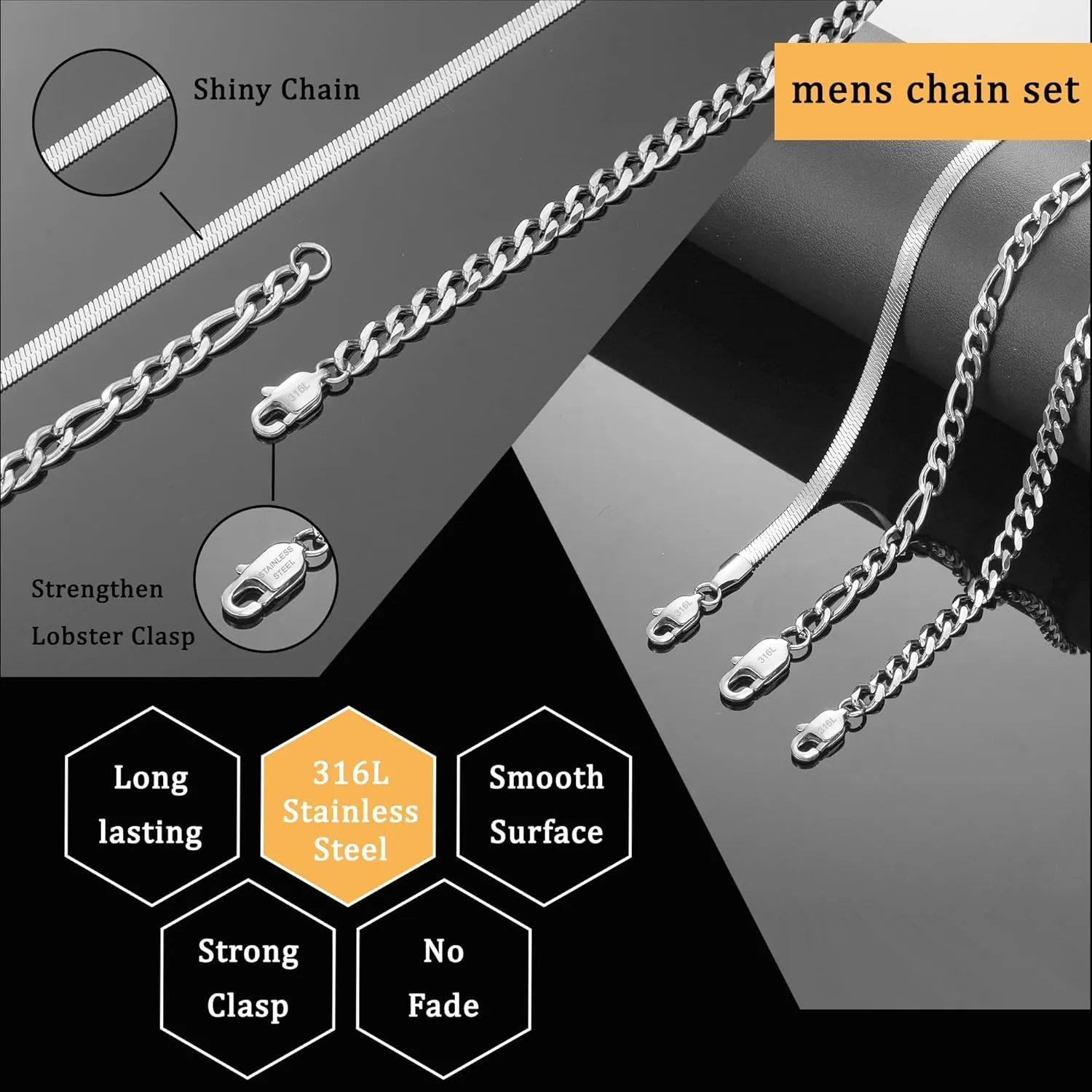 Zocomi 3 PCS Chain Necklace for Men Women, Stainless Steel Cuban Link/Figaro/Herringbone Chains Set Jewelry Gifts, 16/18/20/22/24 Inches