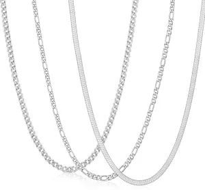 Zocomi 3 PCS Chain Necklace for Men Women, Stainless Steel Cuban Link/Figaro/Herringbone Chains Set Jewelry Gifts, 16/18/20/22/24 Inches